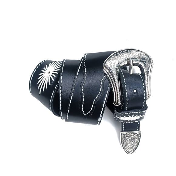 Vintage Embroidered Western Leather Belt  | Kendall Jenner Style Black Silver - Picture 1 of 14